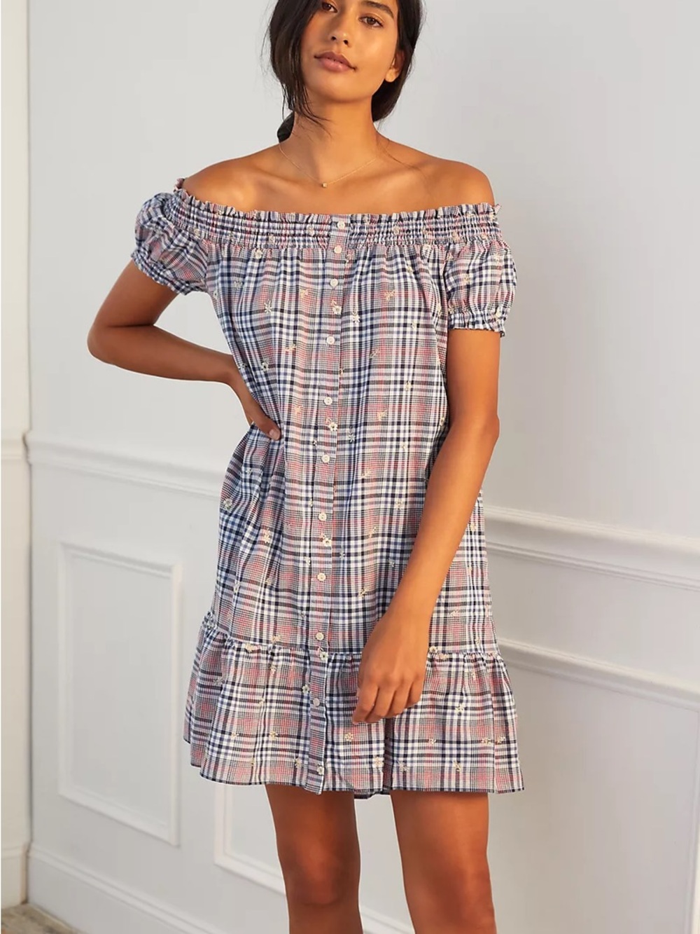 Anthropologie Embroidered Plaid Off-The-Shoulder Mini Dress Size XSP